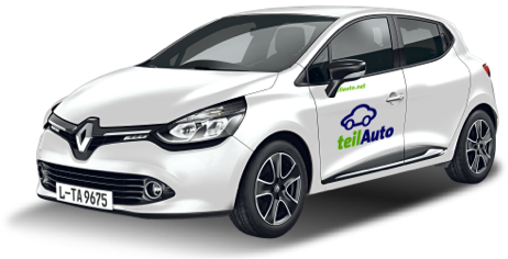 Ein Auto mit teilAuto-Logo, darüber ein Kreis mit einem Preis als Beispiel für eine Tagesfahrt