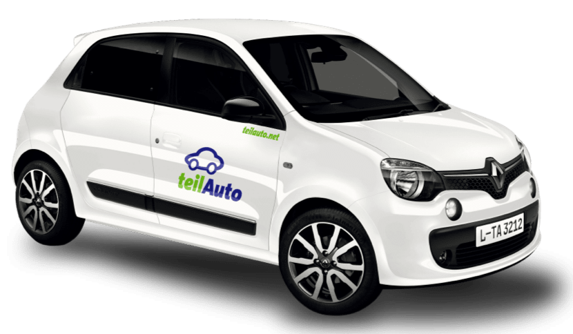 Ein Auto mit teilAuto-Logo, darüber ein Kreis mit einem Preis als Beispiel für eine Kurzfahrt