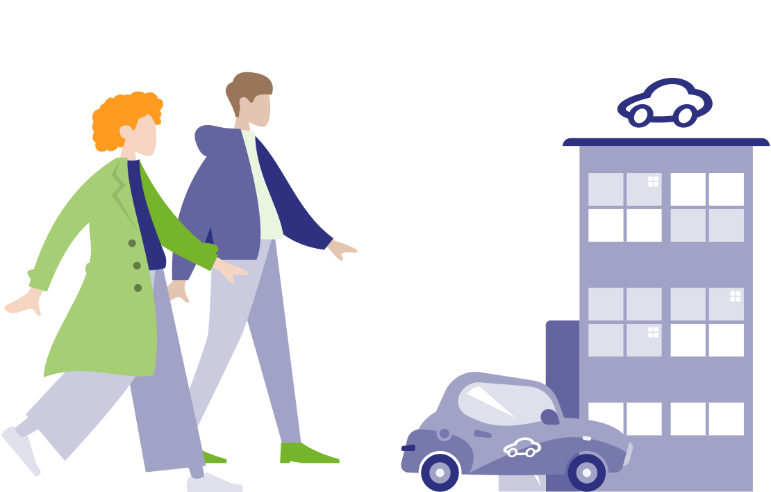 Zwei Personen laufen in Richtung eines Bürohauses, davor steht ein Auto mit teilAuto-Logo