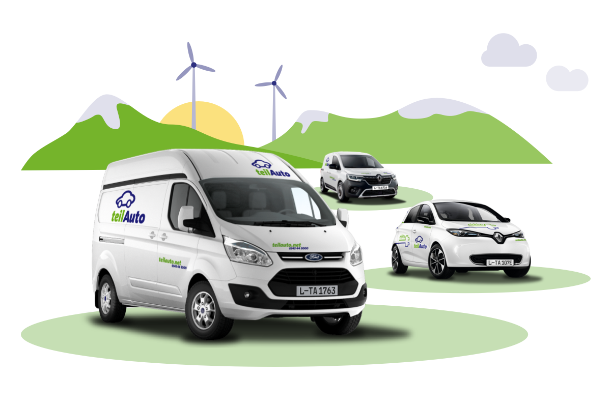 drei verschiedene Autos mit teilAuto-Logo, dahinter grüne Berge mit Windrädern und einer Sonne