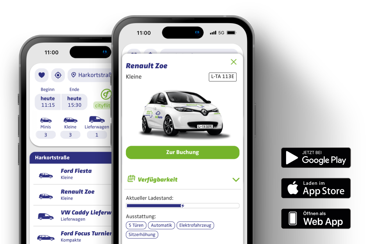 zwei Mobiltelefone, auf denen die teilAuto-App geöffnet ist