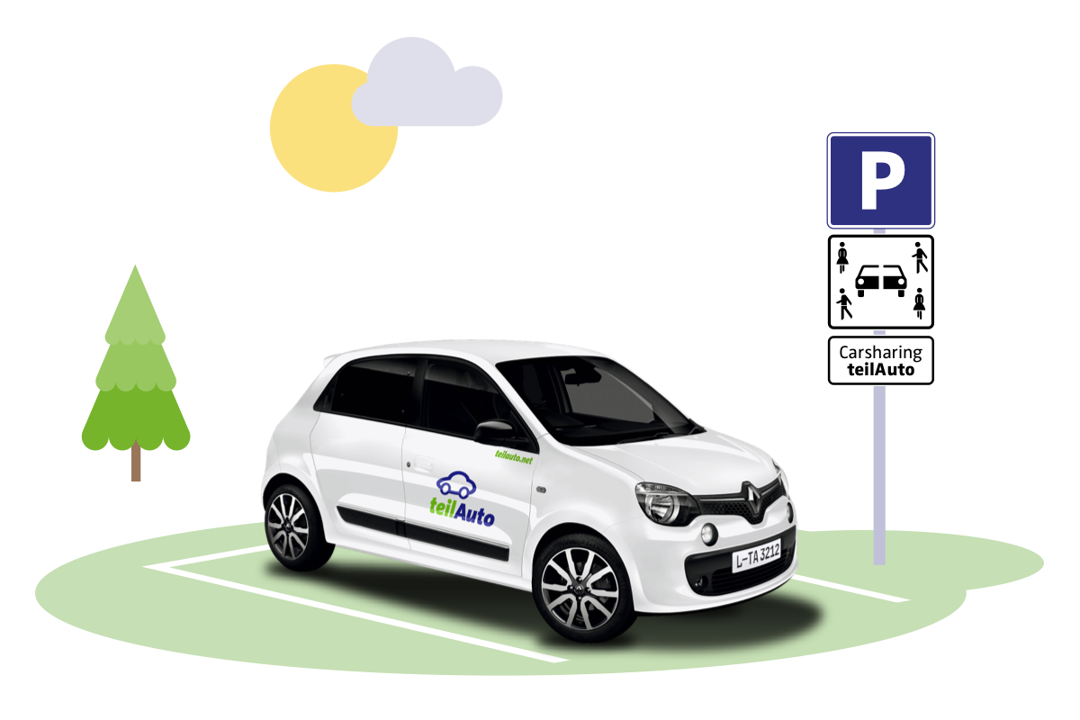 ein Auto mit teilAuto-Logo steht auf einem Parkplatz, daneben ein Schild mit dem Parkplatz-Verkehrszeichen drauf, darunter das Verkehrszeichen für Carsharing und darunter ein Schild mit "Carsharing teilAuto"