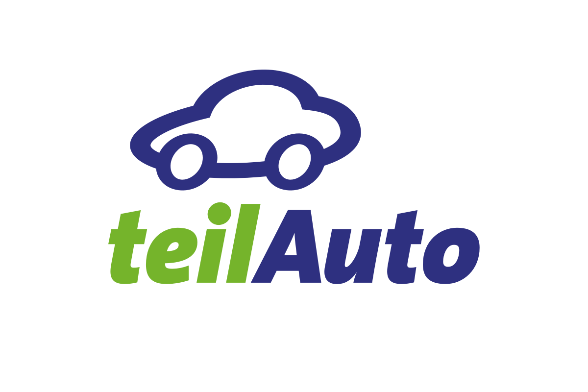 das Logo von teilAuto: Schriftzug und darüber ein stylisiertes Auto in dunkelblau