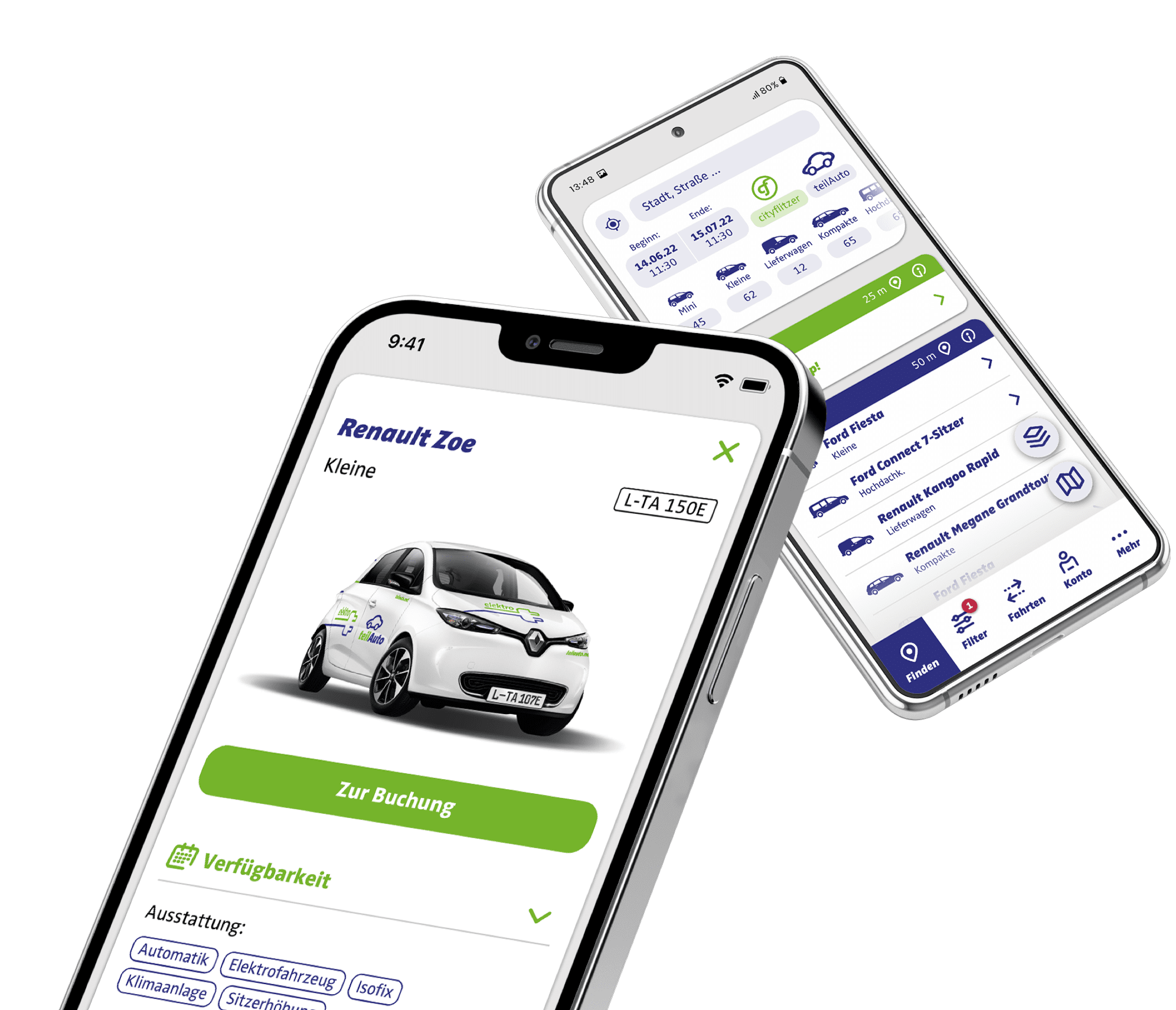 Zwei Mobiltelefone, auf denen die teilAuto-App geöffnet ist